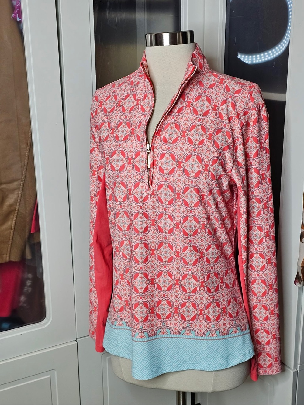 Cabana Life Coral and Light Blue Quarter-Zip Pullover